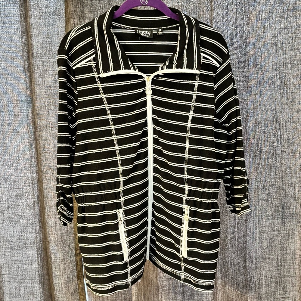 Onque Women's Jacket Black w/ White Stripes SZ Medium